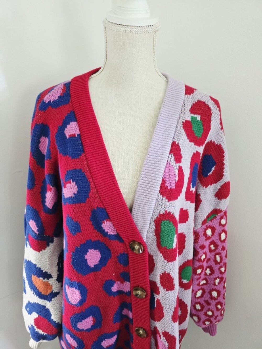 Farm RIO Leopard Pop Cotton Cardigan Sweater S Oversize Baggy Relaxed Multicolor - Picture 3 of 13